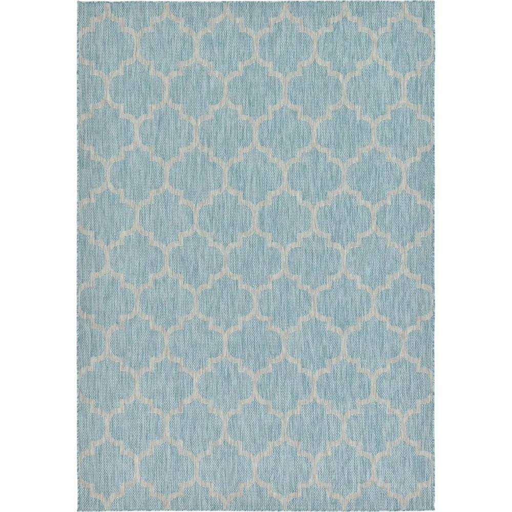 7′ x 10′ Aquamarine Blue and Gray Moroccan Trellis Rectangular Outdoor Area Throw Rug
