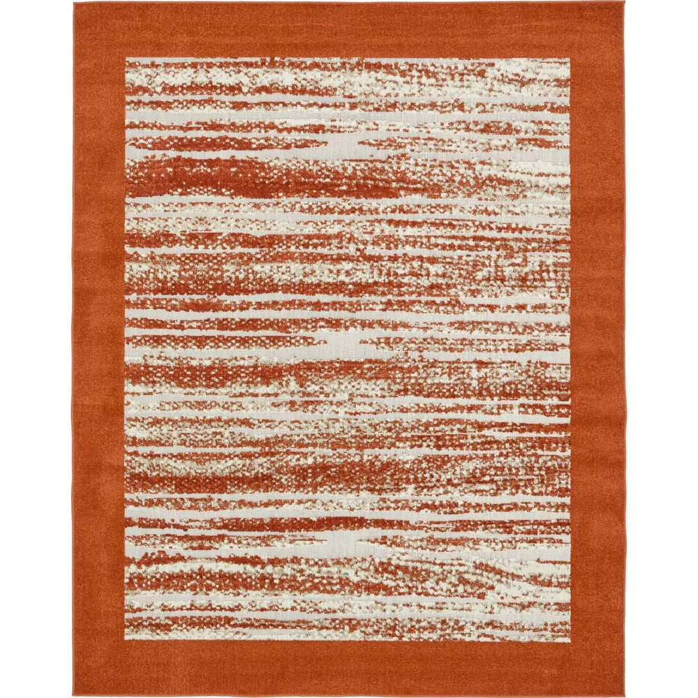 8′ x 10′ Terracotta Orange and Beige Border Striped Rectangular Outdoor Area Throw Rug