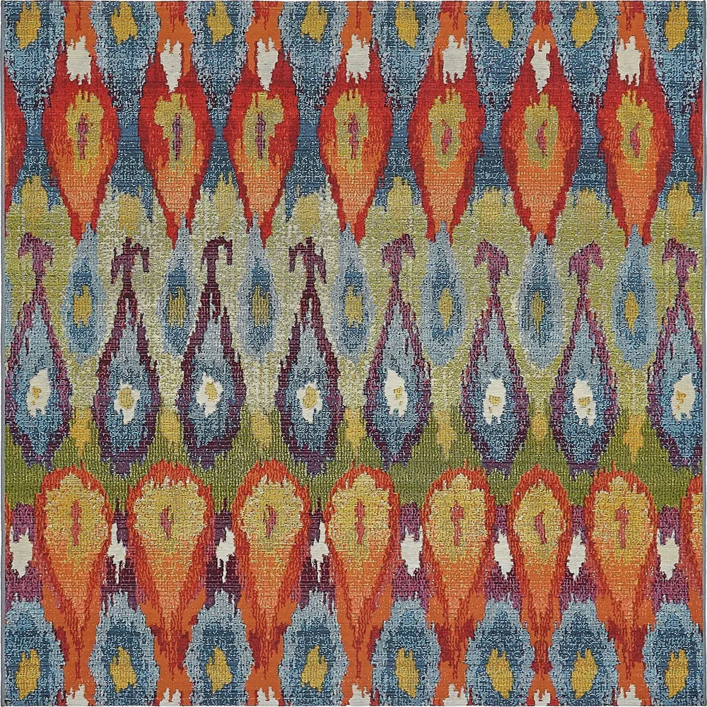 6′ x 6′ Blue and Orange Coastal Ikat Square Outdoor Area Throw Rug