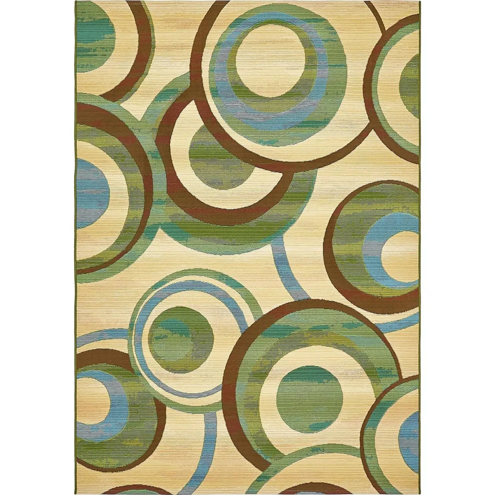 5.25′ x 8′ Beige and Green Coastal Themed Geometric Rectangular Outdoor Area Throw Rug