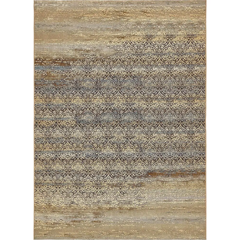 8′ x 11.25′ Beige and Blue Coastal Themed Damask Rectangular Outdoor Area Throw Rug