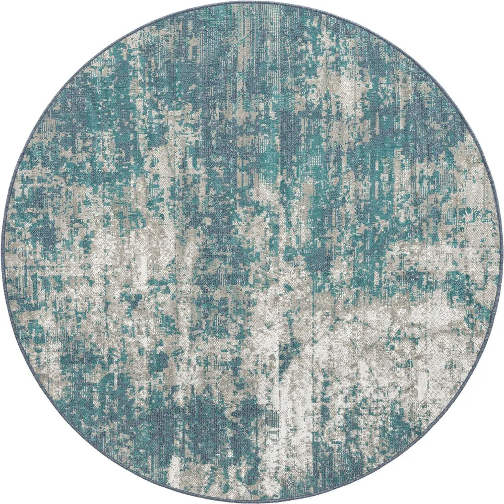 7′ Blue and Ivory Abstract Round Outdoor Area Throw Rug