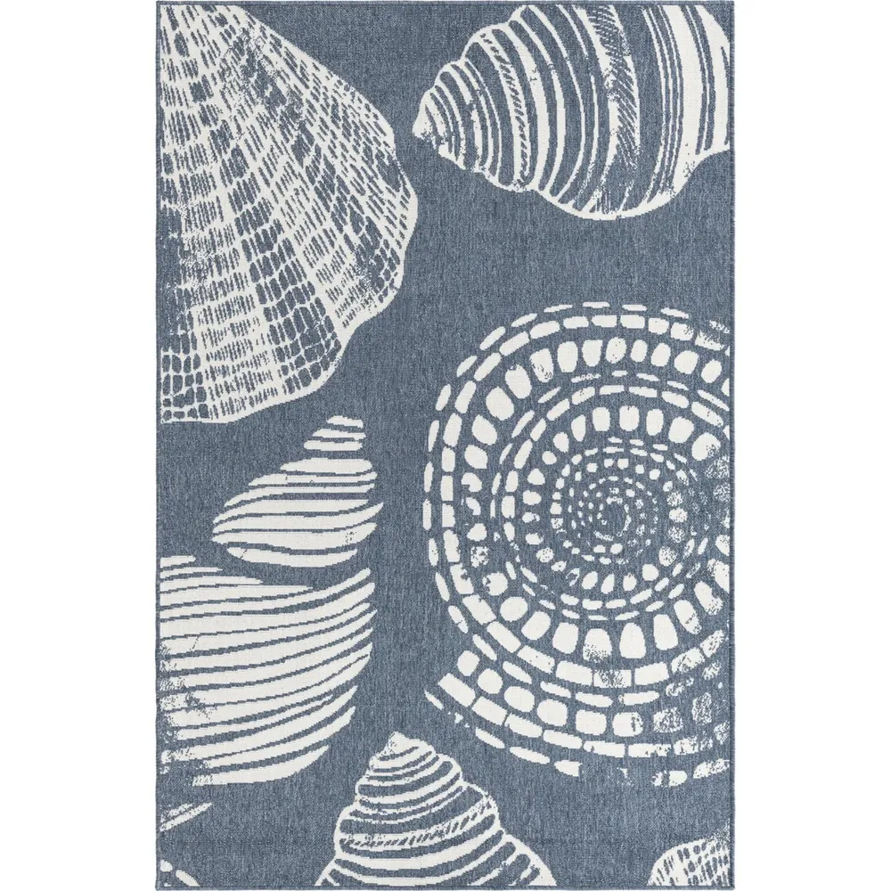 1.25′ x 1.25 Navy Blue and Ivory Coastal Themed Sea Shell Square Outdoor Area Throw Rug Sample