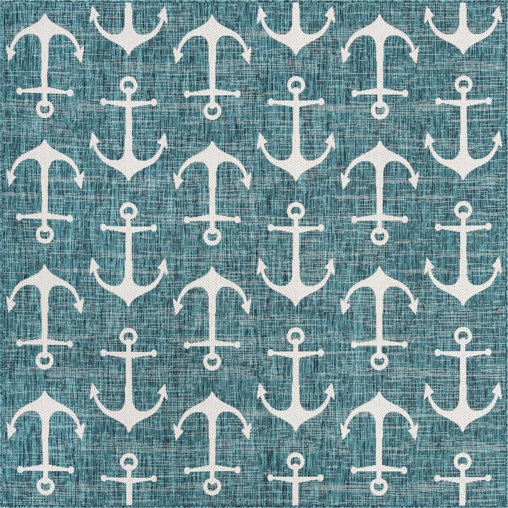 7.75′ x 7.75′ Teal Green and Ivory Nautical Anchor Square Outdoor Area Throw Rug