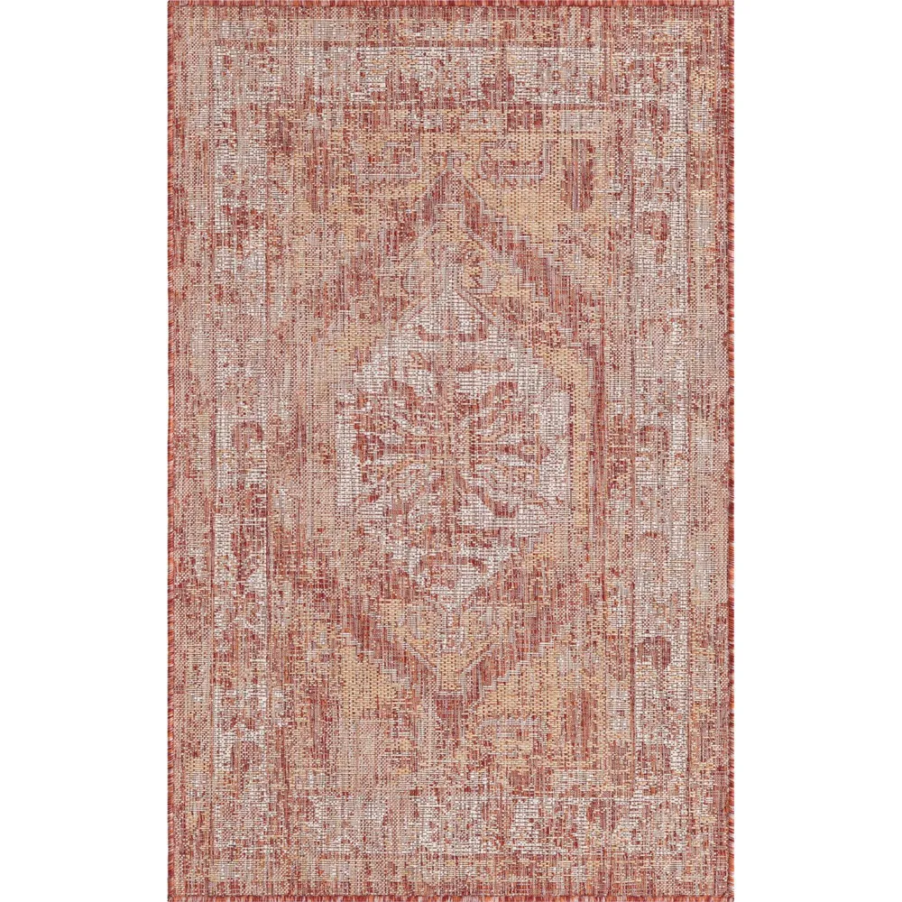 3.25′ x 5.25′ Rust Red and Beige Medallion Traditional Rectangular Outdoor Area Throw Rug