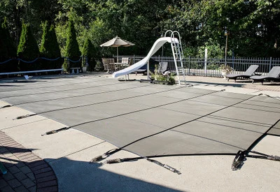 GLI Secure-A-Pool Mesh Grecian 16′-6″ x 35′-6″ (4′ x 6′ Left Step) Tan Inground Safety Cover