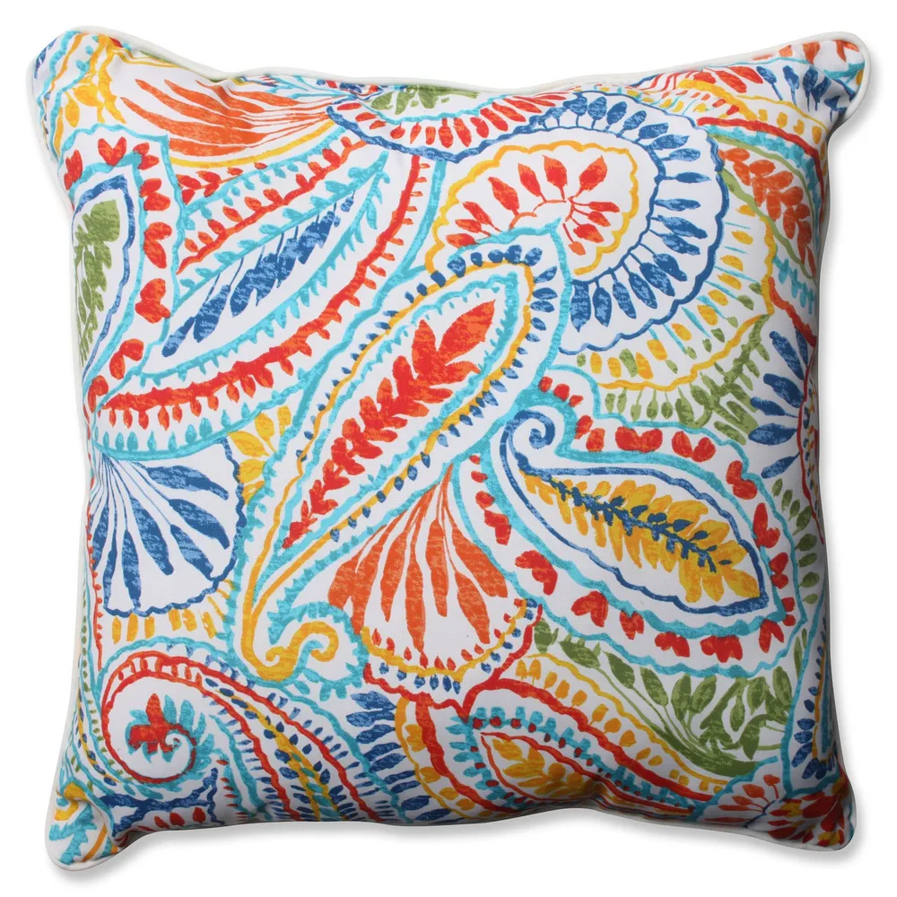 25″ Blue and Yellow Paisley Outdoor Corded Square Floor Pillow