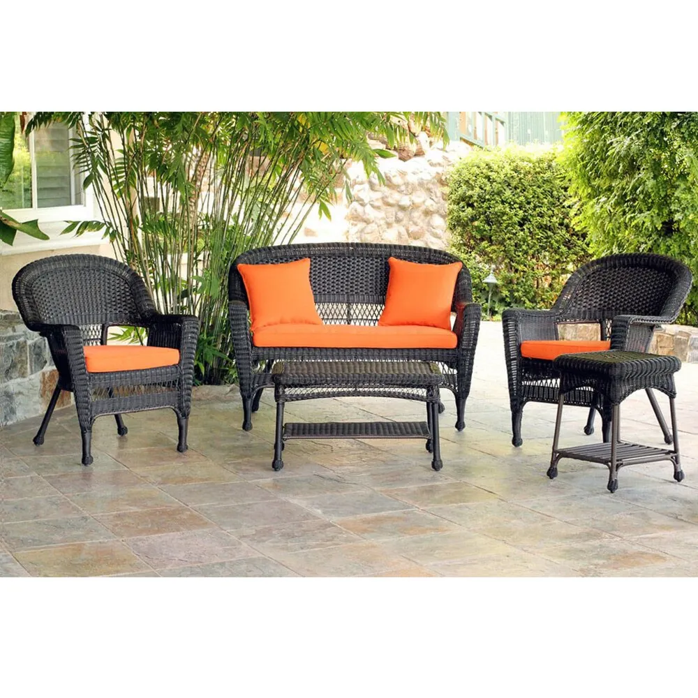 Set of 5 Espresso Wicker Patio Chairs, Loveseat and Table Furniture with Orange Cushion 51″