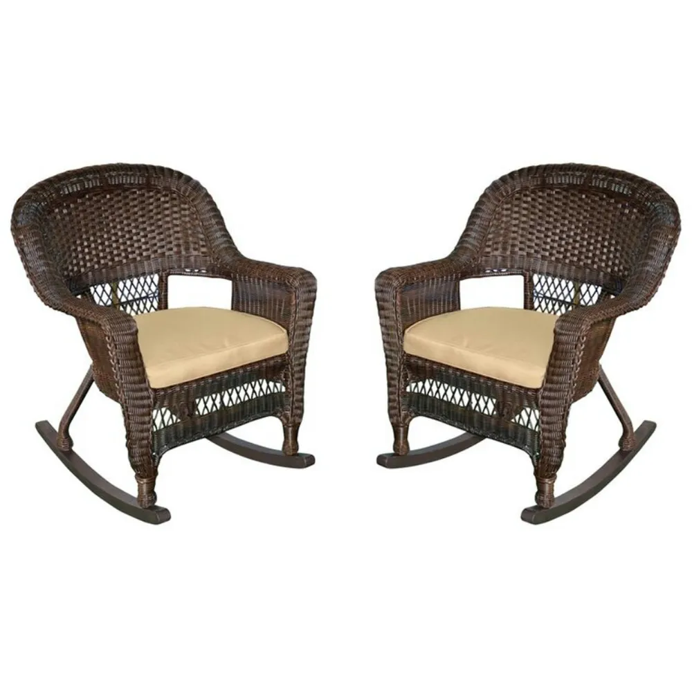 Set of 2 Espresso Resin Wicker Outdoor Patio Rocker Chairs with Tan Brown Cushions 36″