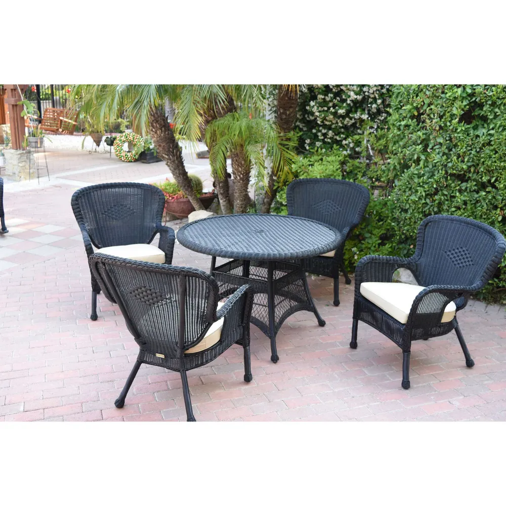 5-Piece Windsor Black Wicker Dining Set – Ivory Cushions