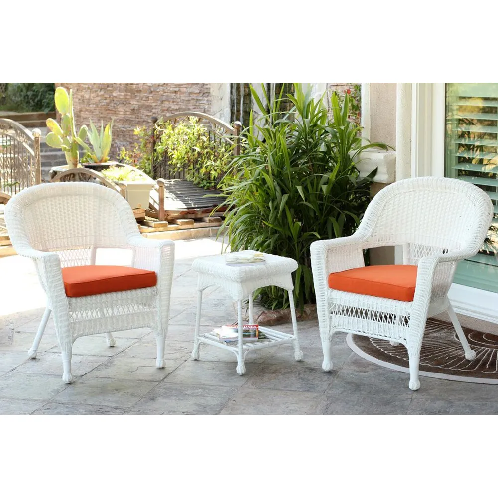 3-Piece White Resin Wicker Patio Chairs and End Table Furniture Set – Orange Cushions