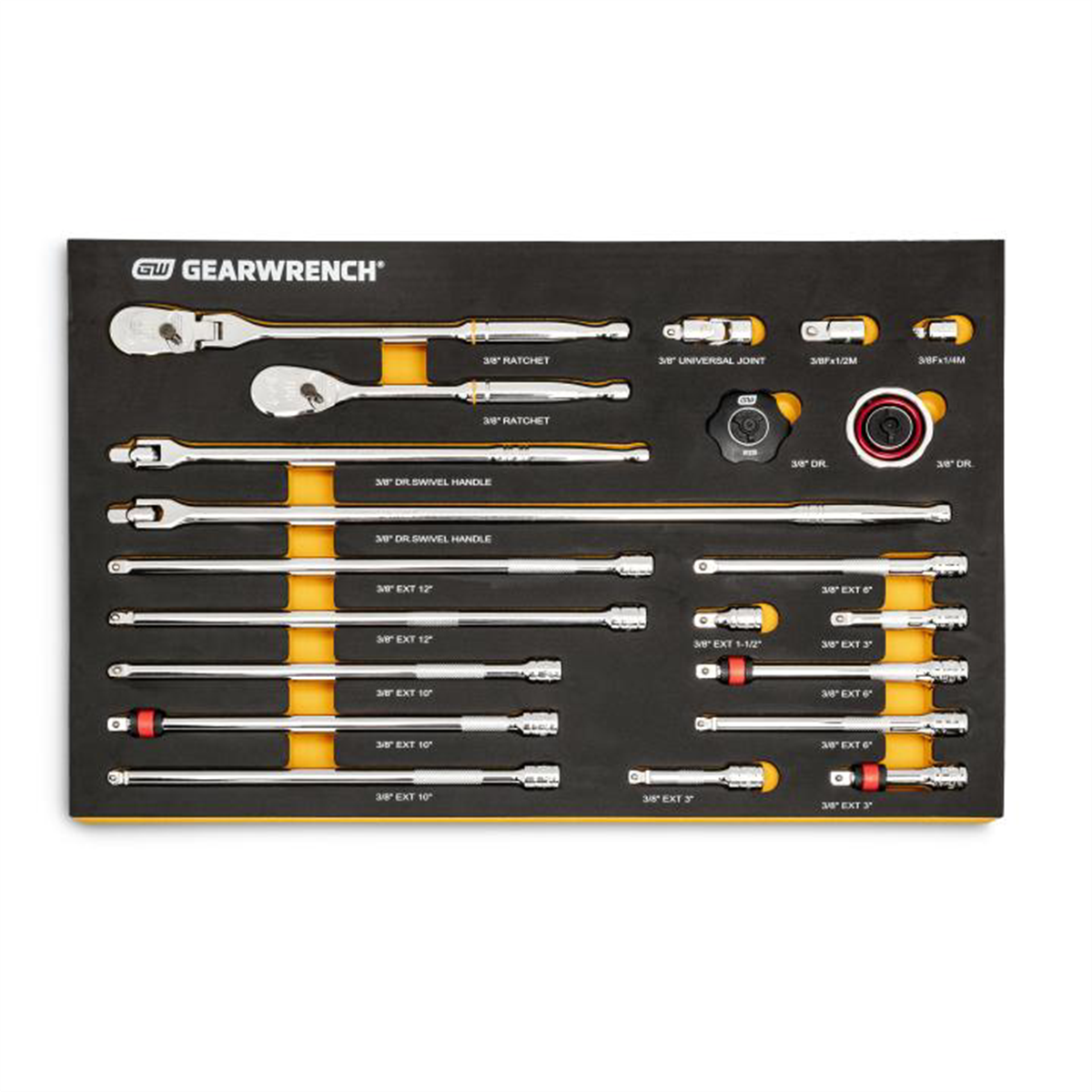 Gearwrench 86521 21-Piece 3/8" Drive 90-Tooth Ratchet Set with High-Visibility Foam Storage Tray