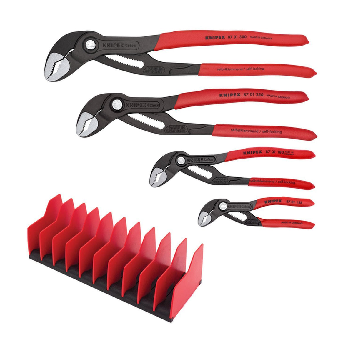 Knipex 9K0080138US Cobra Water Pump Pliers Set 4 Pc with 10 Pc Plastic Tool Holder
