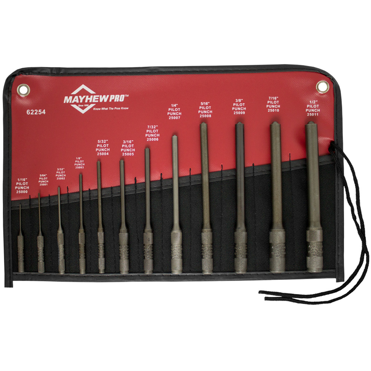 Mayhew Tools 12 PC Pilot Punch Set 62254, patented roll-pin design for hollow pins