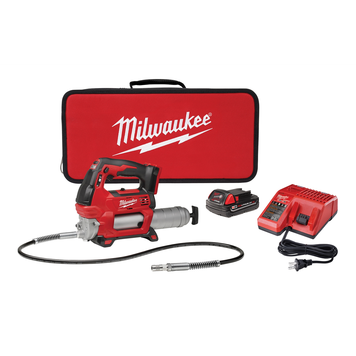 Milwaukee 2646-21CT M18 Cordless 2-Speed Grease Gun Kit with 48 in Flex Hose, LED Light, Lock-On