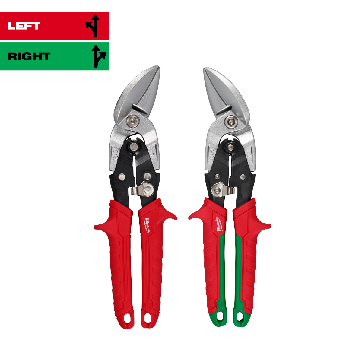 Milwaukee Tools 2-Pc Offset Aviation Snip Set 48-22-4553 with 45° offset handles and laser-hardened