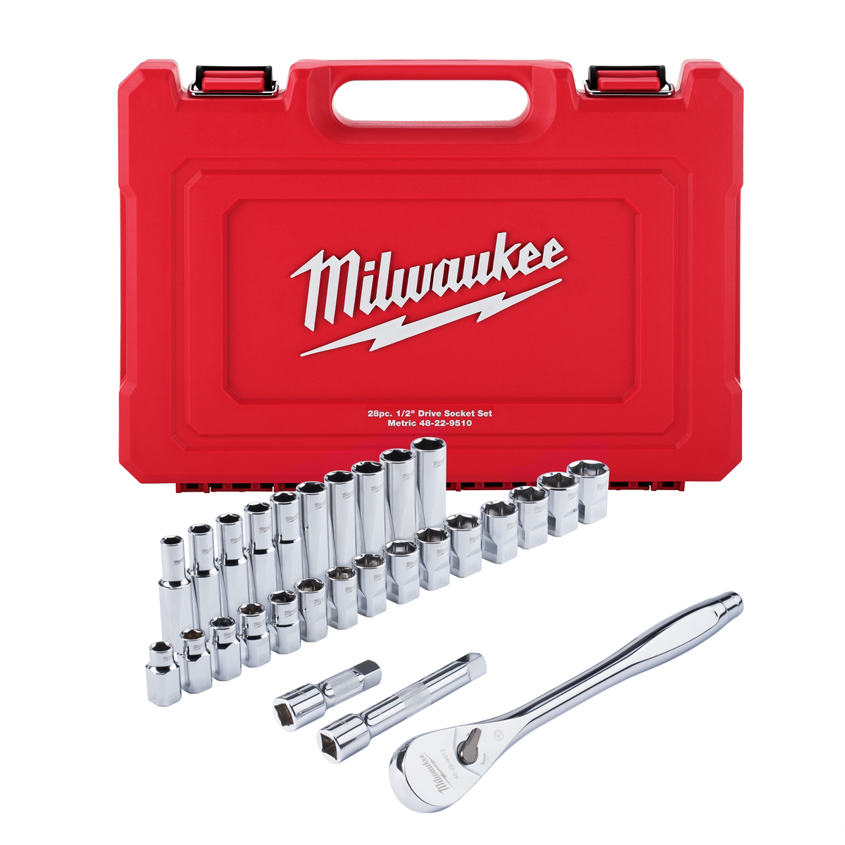 Milwaukee Tools 1/2-In Ratchet Socket Set 48-22-9510 Four Flat 90-Tooth 4° Arc