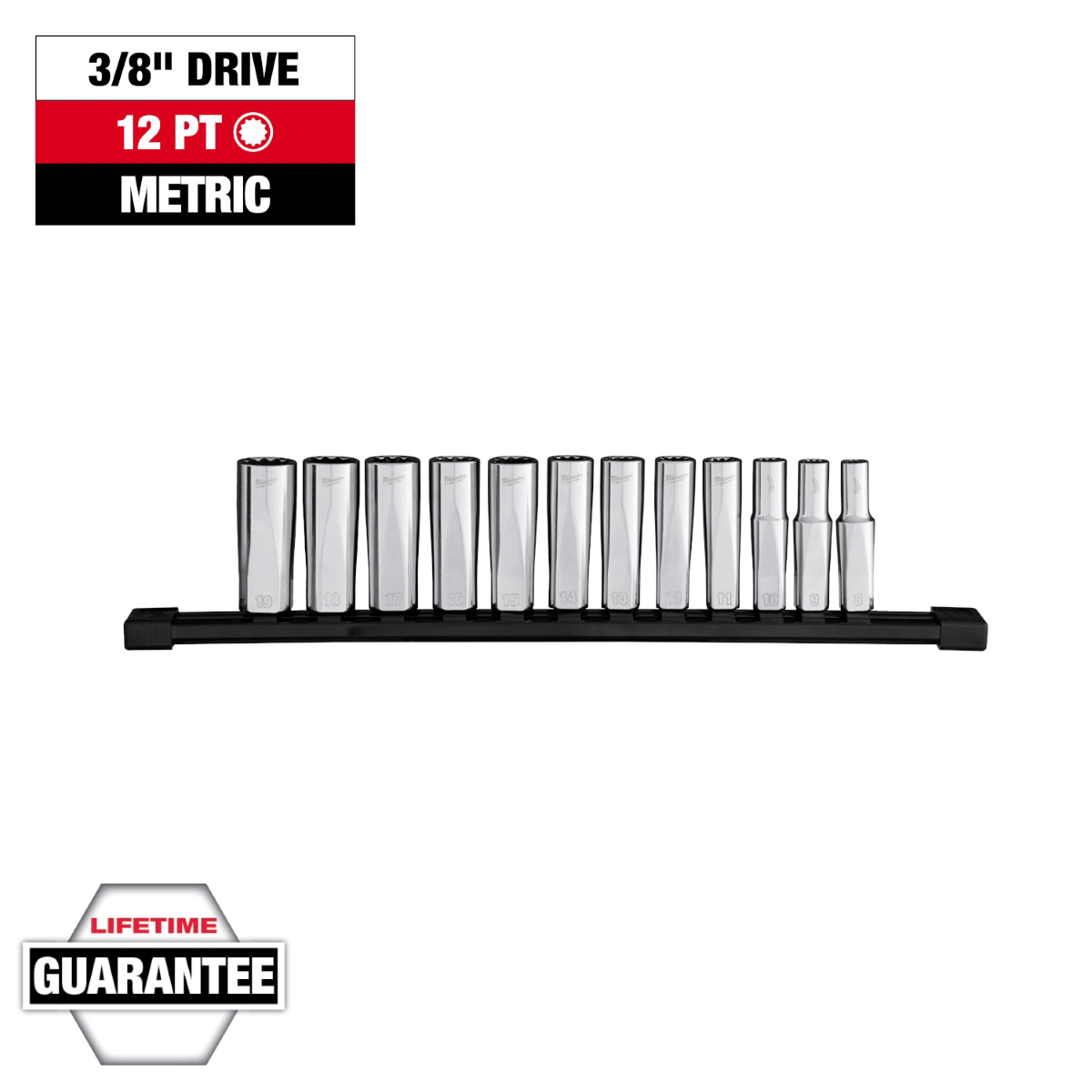 Milwaukee Tools 3/8" Drive 12-Point Deep Well Socket Set 48-22-9521 Flat-Side, Chrome Plated