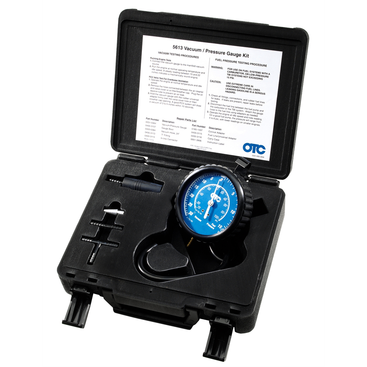 OTC Tools Vacuum/Pressure Gauge Kit 5613 with 3-1/2" dual-scale gauge and full adapter set
