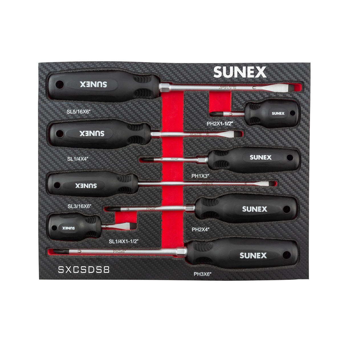 Sunex Tools SXCSDS8 8-Piece Magnetic Phillips and Slotted Screwdriver Set with EVA Foam Tray