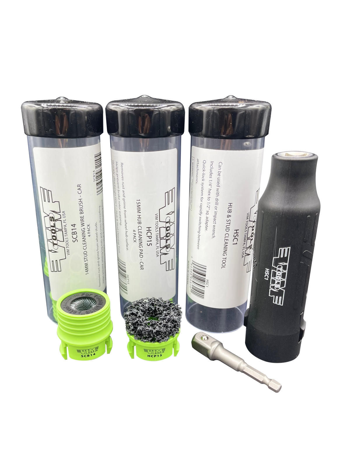 Vim Tools HSC100 Hub and Stud Cleaning Kit with Four Pads and Four Wire-Brush Adapters