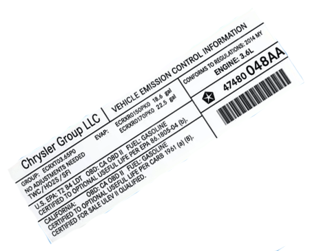 Mopar Vehicle Emission Control Information Label for Jeep Wrangler JK