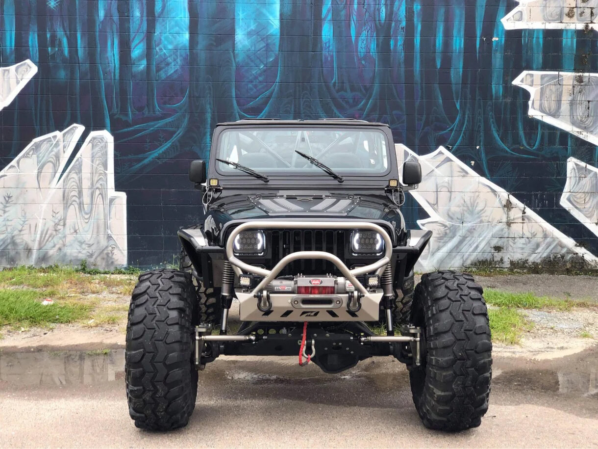 Motobilt MB1069-L-B Crusher Front Bumper with Grill Hoop & Bull Barfor 87-06 Jeep Wrangler YJ, TJ & Unlimited