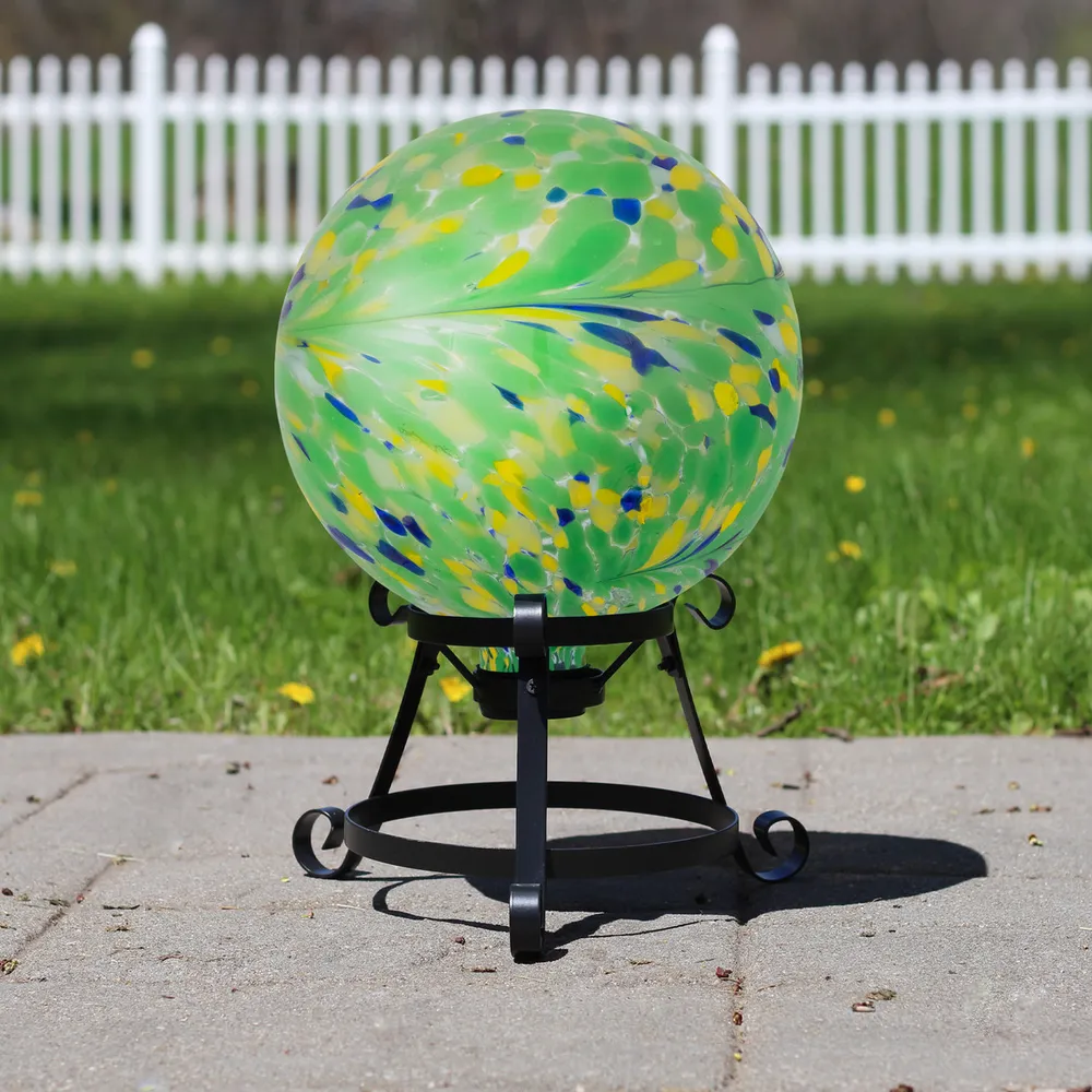 10″ Yellow and Green Hand Painted Swirled Outdoor Patio Garden Gazing Ball – Infuse Your Garden With Colorful Charm