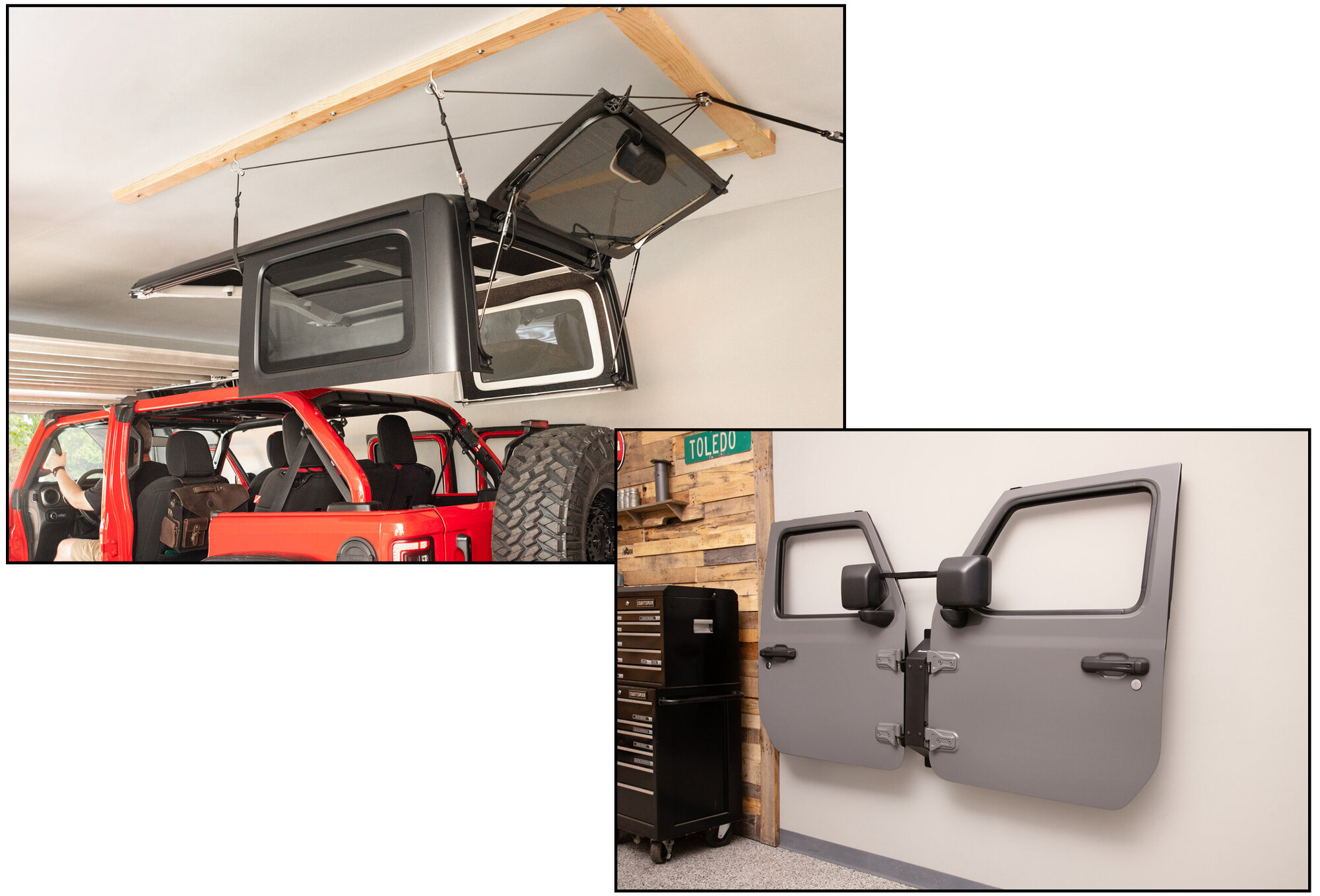 Quadratec 4-Point Hardtop Hoist System with Wall Mount Door Hanger Bracket for 87-26 Jeep Wrangler