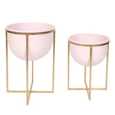 Set of 2 Pink and Gold Dome Planters with Stand 19″