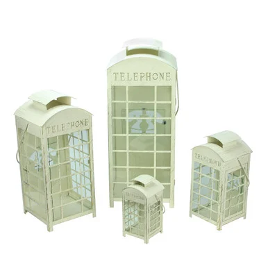 Set of 4 Weathered Cream and Gold Telephone Booth Glass Pillar Candle Lanterns 8.75″ – 25″