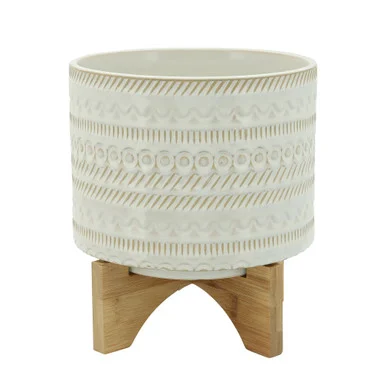 Tribal Ceramic Planter with Stand – 8″ – Cream and Beige