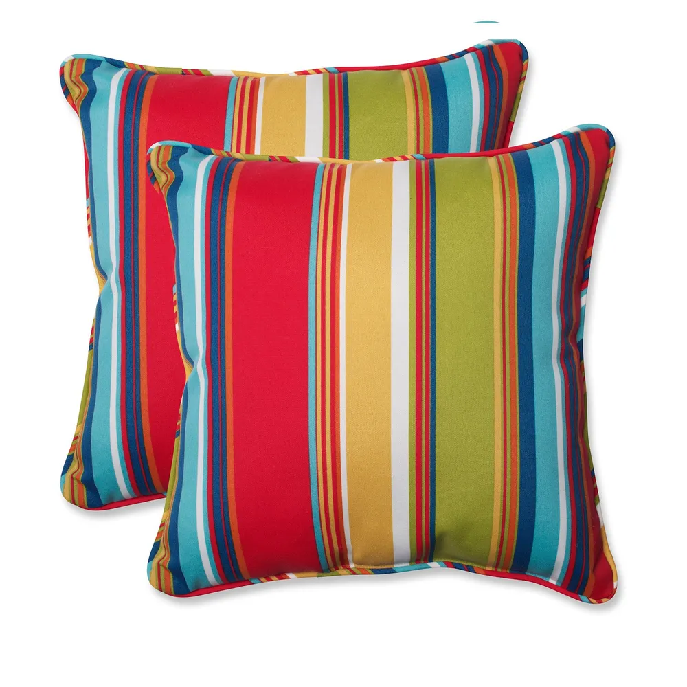 Set of 2 Red and Blue Outdoor Square Corded Throw Pillows 18.5″